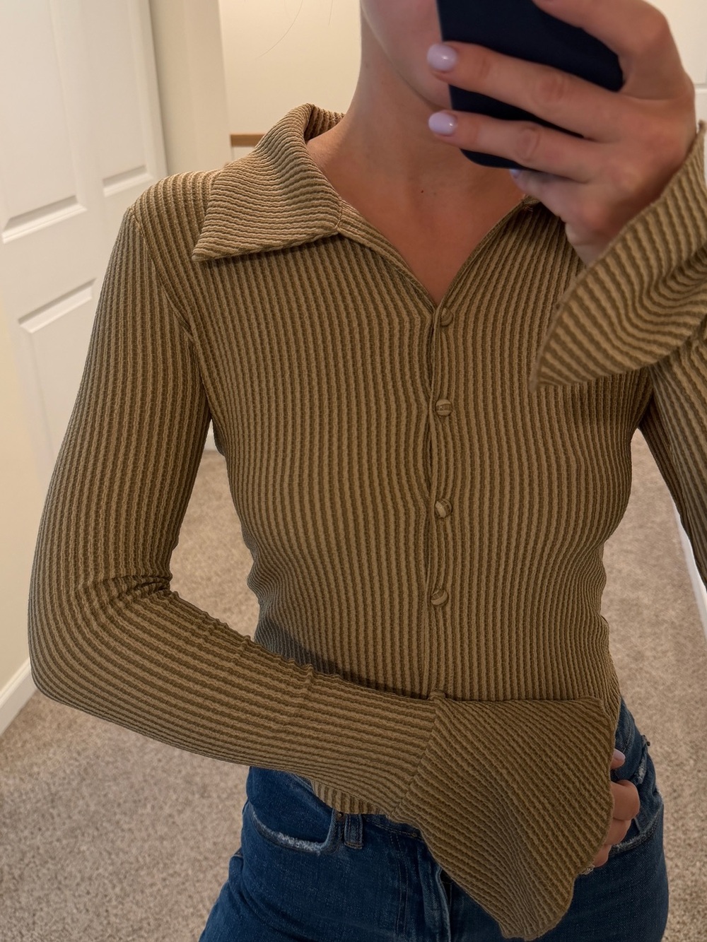 Ribbed Long-Sleeve Button Polo Top in tan/brown